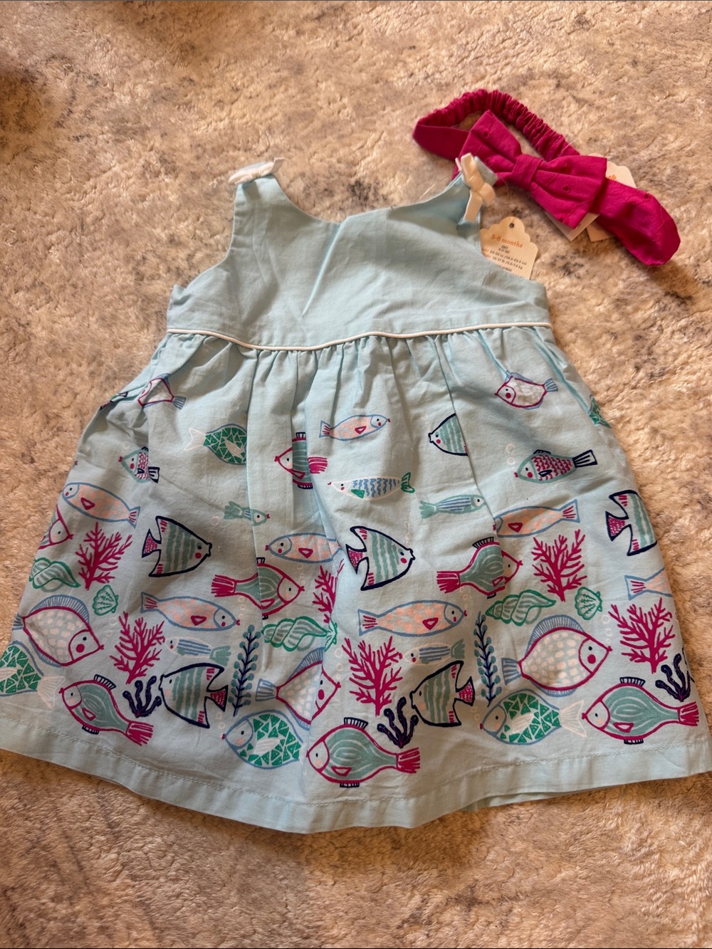 NWT 3-6mo Gymboree Blue Girls' Fish Print Dress with bloomers & Pink Headband